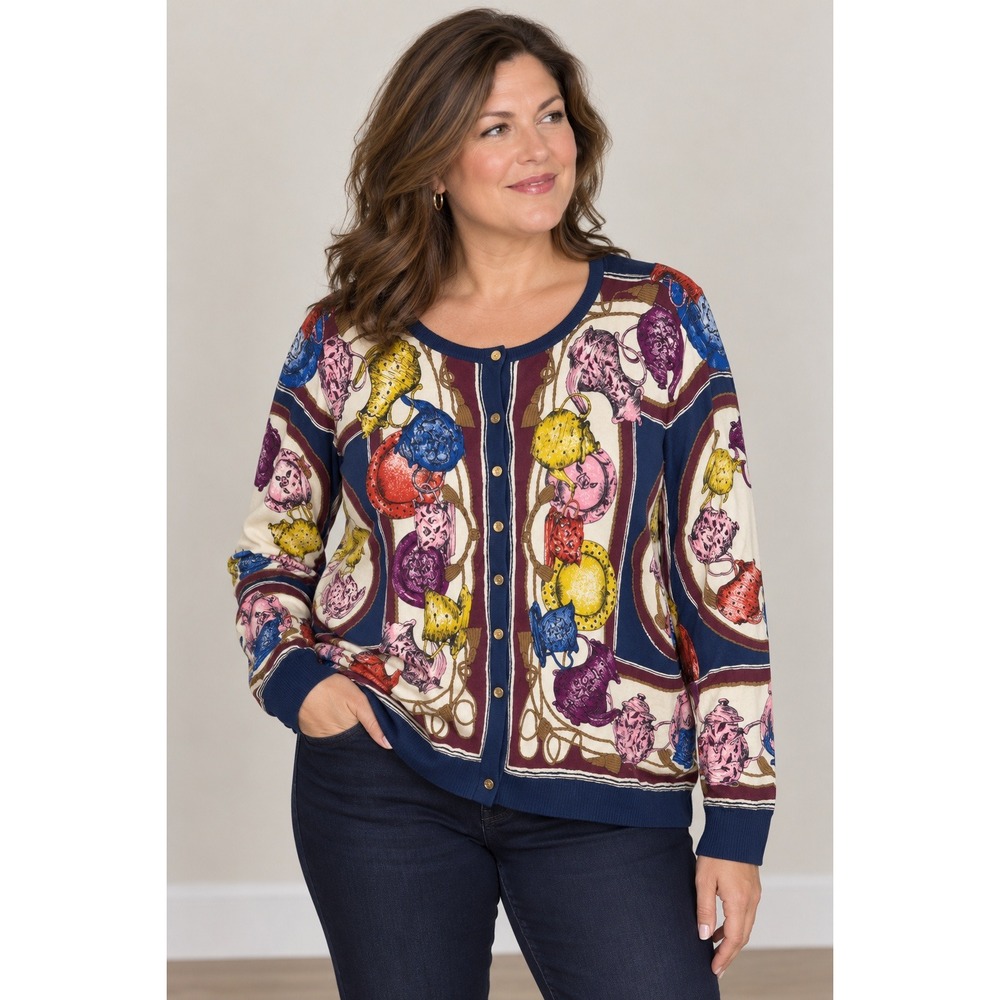 Talbots Sweater Cardigan Women's XL Teapot Print office Business Button Down